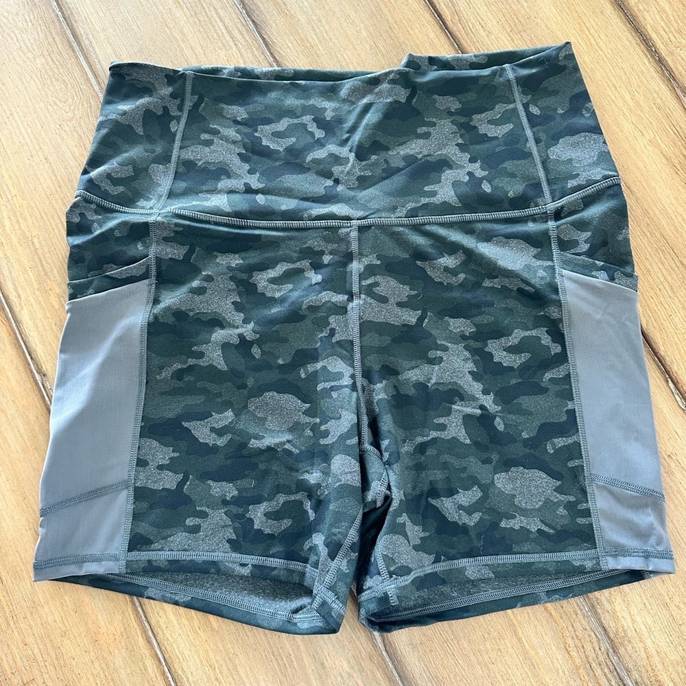 Fabletics Green and Gray Athletic Shorts with High Waistband